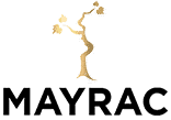 Logo Mayrac avec une vigne stylisée dorée surmontant le nom de la marque en lettres noires capitales.