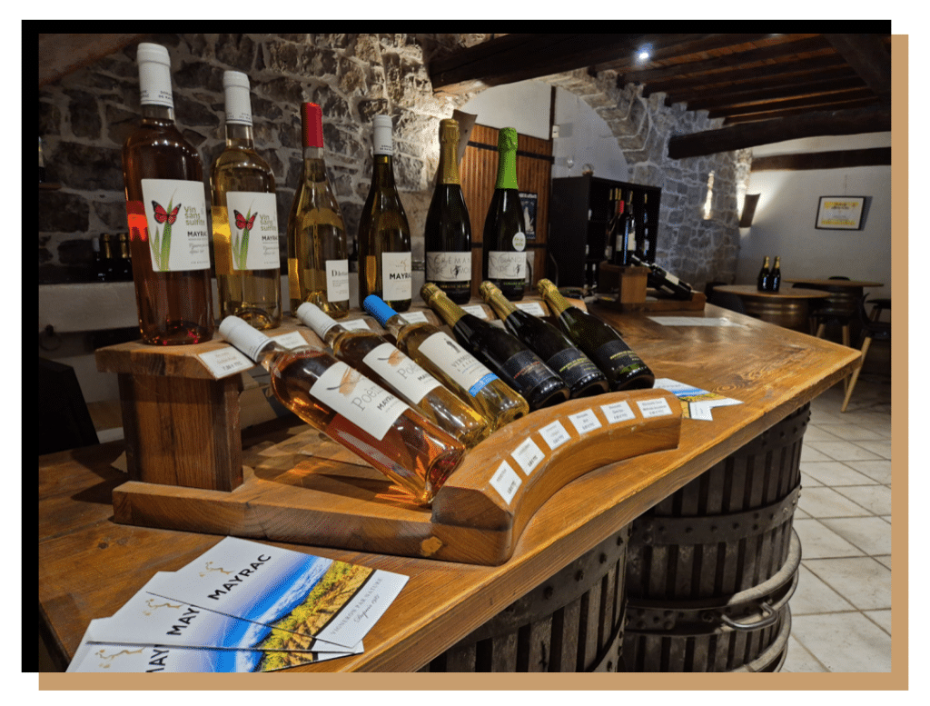 Vins Mayrac : Dégustation de Bouteilles en Cave de Pierre Vins Mayrac sans sulfite sur un comptoir en bois dans une cave rustique avec brochures de dégustation.